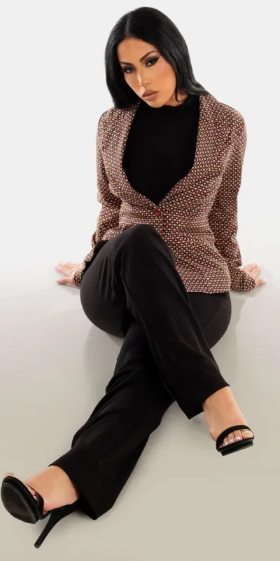 Black Wide Leg Straight Dressy Pants Black Ruched Mock Neck Top and Brown Long Sleeve Printed Blazer sold by Moda