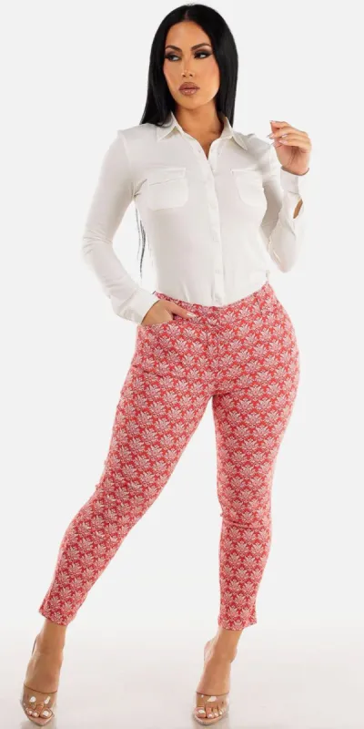 Printed Mid Rise Ankle Skinny Pants with White Button Up Long Sleeve Shirt sold by Moda