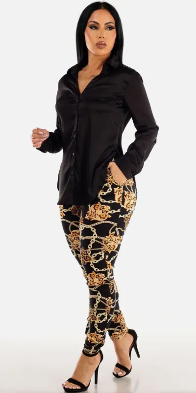 Black High Waist Printed Dressy Skinny Pants with Black Long Sleeve Satin Collared Blouse sold by Moda