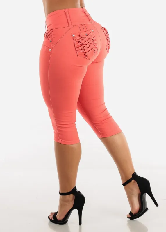 MX JEANS Butt Lifting Braided Pockets Coral Capris sold by Moda