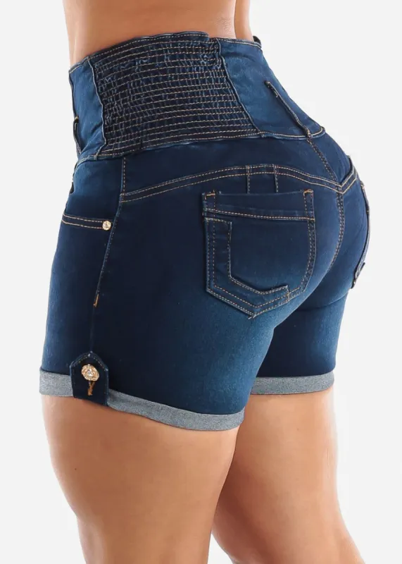 MX JEANS Butt Lift Spandex Waist Dark Blue Shorts sold by Moda