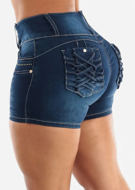 MX JEANS Butt Lift Braided Pockets Dark Blue Shorts sold by Moda