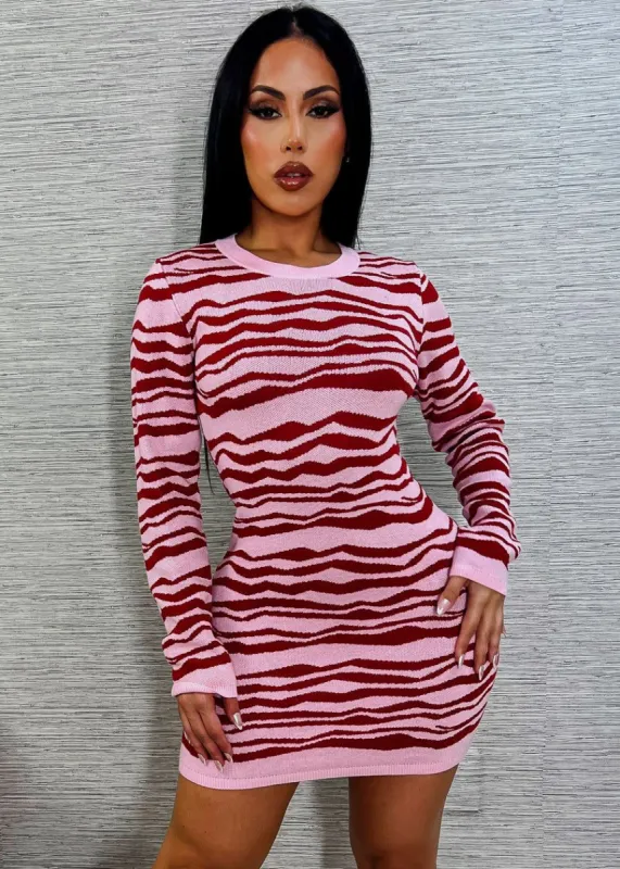 Zebra Print Mini Sweater Dress Red & Pink sold by Moda