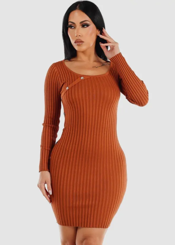Long Sleeve Rib-Knit Bodycon Sweater Dress Rust sold by Moda
