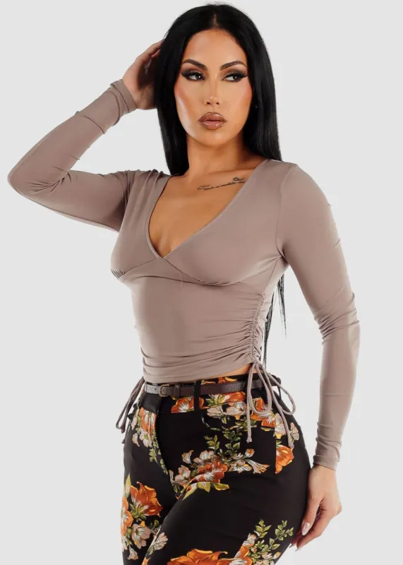 Long Sleeve Vneck Top Mocha w Ruched Sides sold by Moda