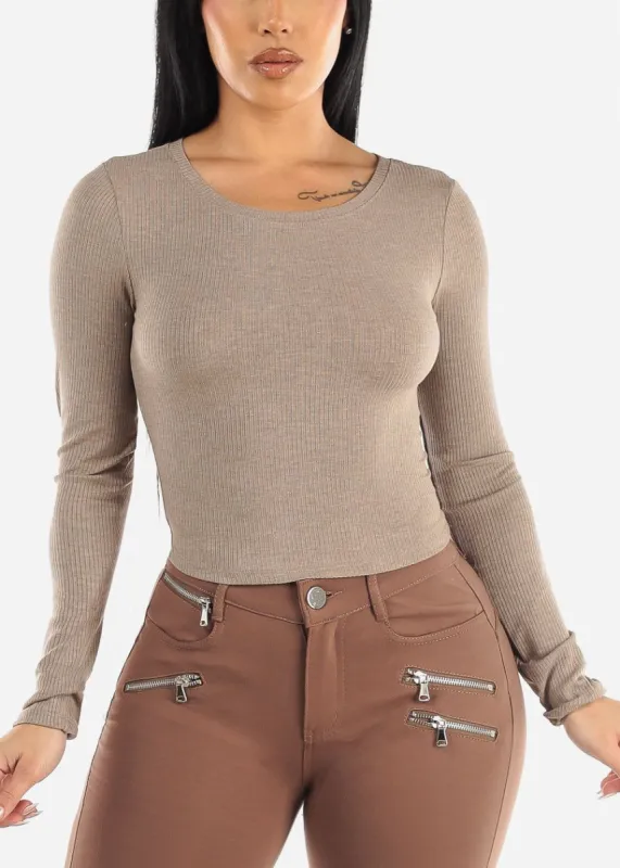 Ribbed Crewneck Long Sleeve Crop Top Mocha sold by Moda