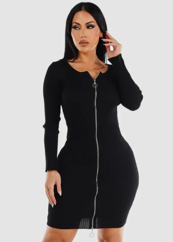 Black Zip Up Rib-Knit Bodycon Sweater Dress sold by Moda