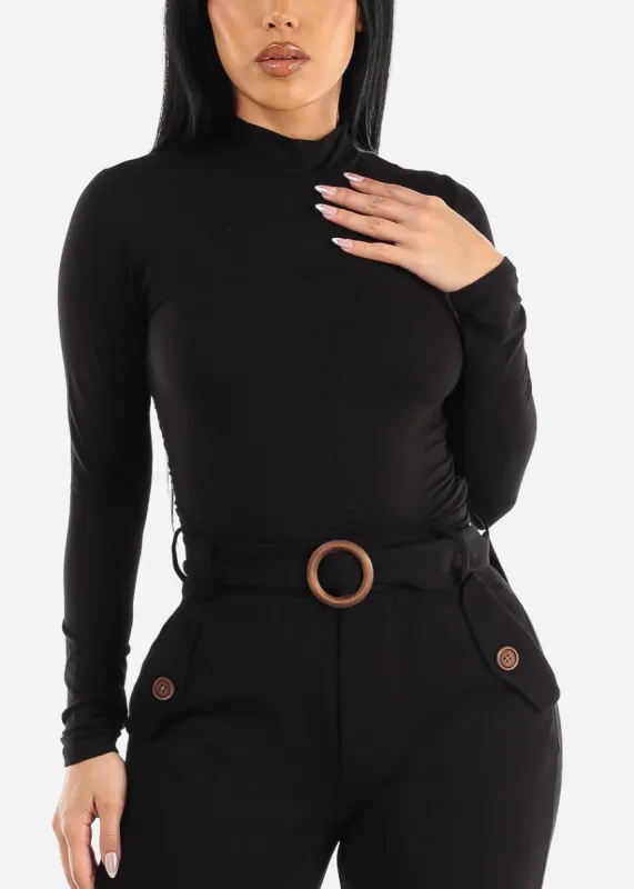 Black Long Sleeve Front Ruched Mock Neck Top sold by Moda