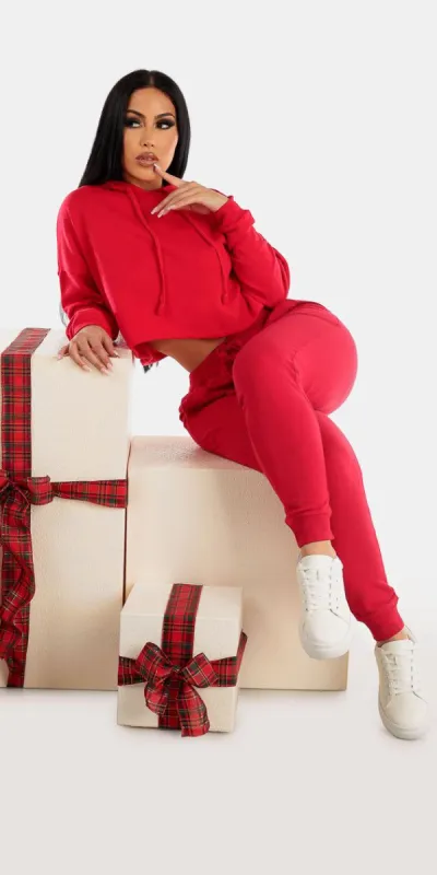 Red High Waisted Jogger Pants with Red Long Sleeve Fleece Cropped Hoodie sold by Moda