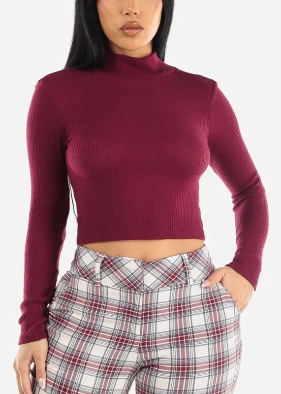 Long Sleeve Mock Neck Cropped Sweater Top Burgundy sold by Moda