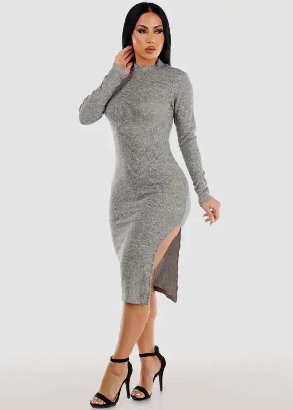 Mock Neck Midi Sweater Dress Grey w Side Slit sold by Moda