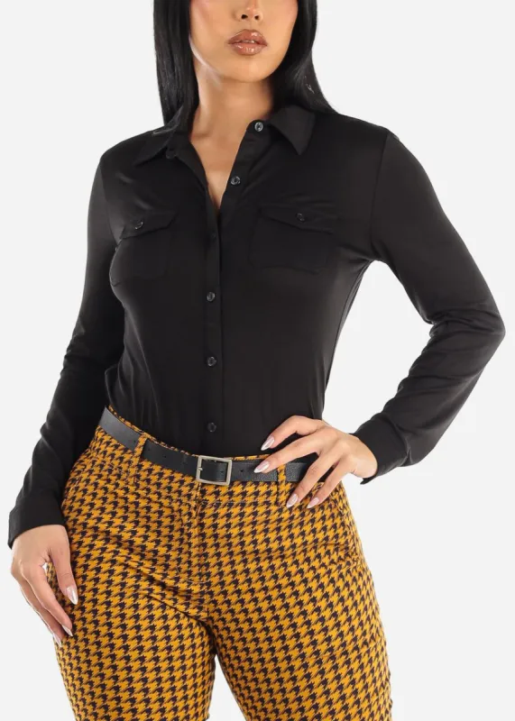 Black Long Sleeve Button Up Fitted Collared Top sold by Moda