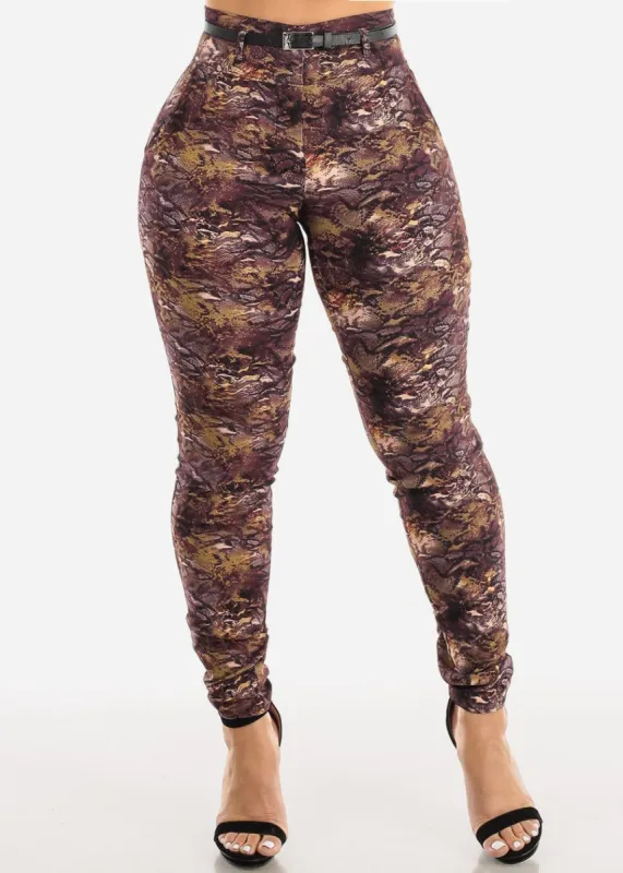 High Waist Printed Dressy Skinny Pants Brown w Belt sold by Moda