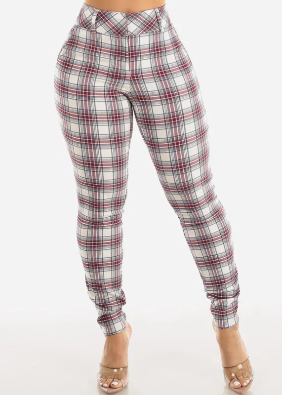 High Waist Plaid Dressy Skinny Pants Ivory sold by Moda