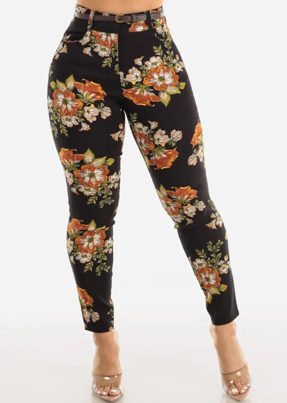Black High Waist Floral Dressy Skinny Pants w Belt sold by Moda