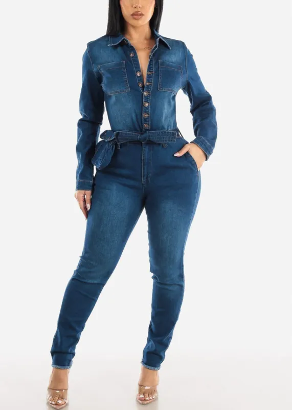 Long Sleeve Button Up Dark Wash Denim Jumpsuit sold by Moda