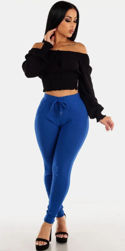 Drawstring Waist Royal Blue Jogger Pants with Black Off Shoulder Peasant Crop Top sold by Moda