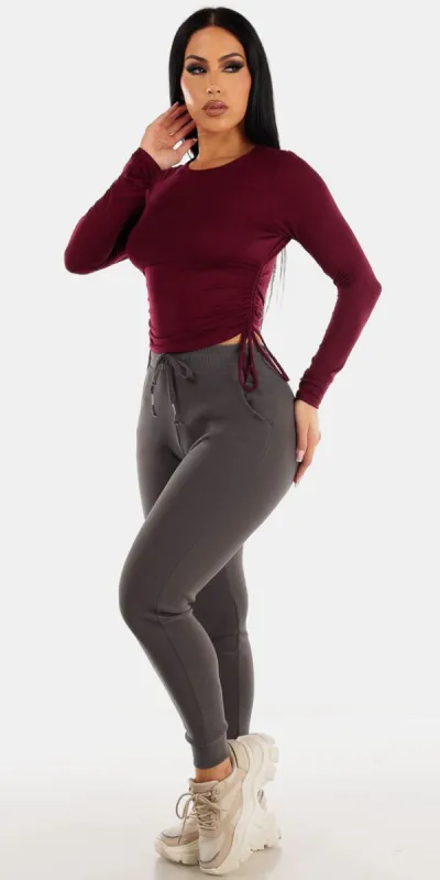 High Waisted Charcoal Jogger Pants with Burgundy Ruched Sides Long Sleeve Top sold by Moda