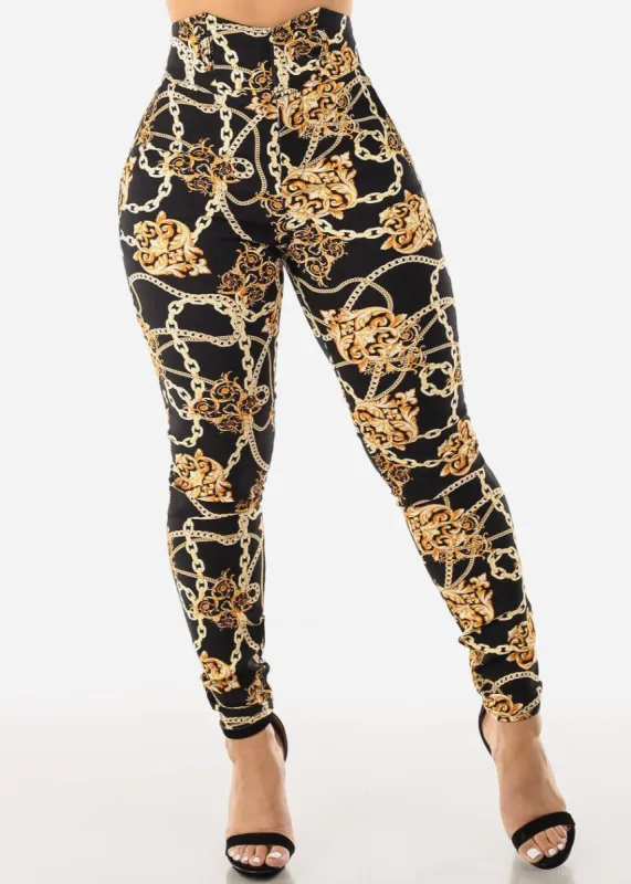 High Waist Chain Print Black Dressy Skinny Pants sold by Moda