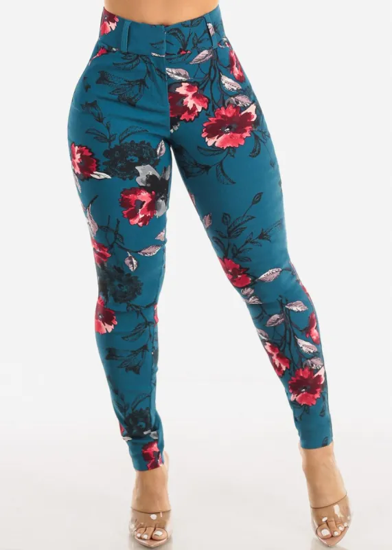 High Waist Floral Dressy Skinny Pants Teal sold by Moda