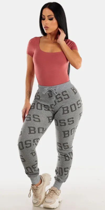 Light Grey High Rise Printed Jogger Sweatpants with Short Sleeve Mauve Thong Bodysuit sold by Moda