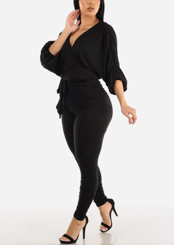 Quarter Sleeve Surplice Black Ruched Jumpsuit sold by Moda