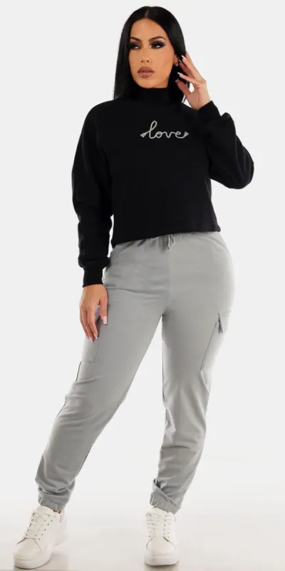 Light Grey Drawstring Waist Cargo Jogger Pants with Black Mock Neck Fleece Pullover sold by Moda