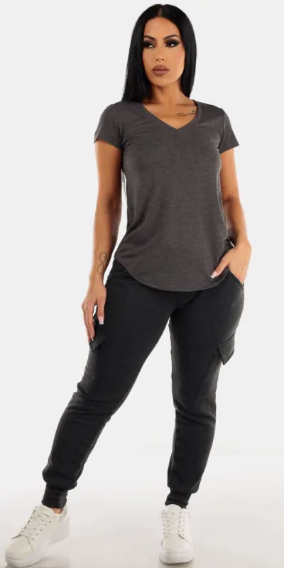 High Waisted Charcoal Cargo Jogger Pants with Charcoal Short Sleeve Round Hem Vneck Top sold by Moda