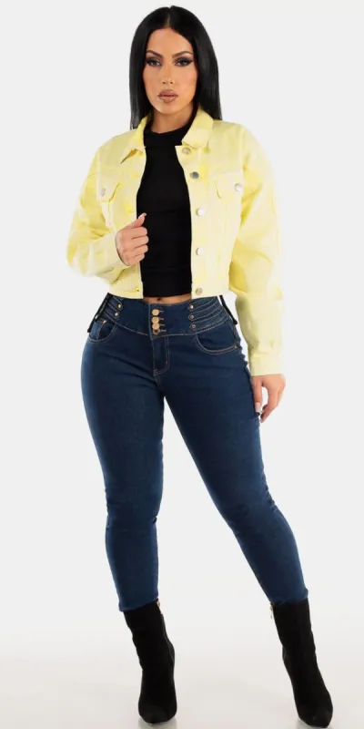 Super High Waist Dark Levantacola Skinny Jeans Black Long Sleeve Ruched Top and Yellow Acid Wash Denim Jacket sold by Moda