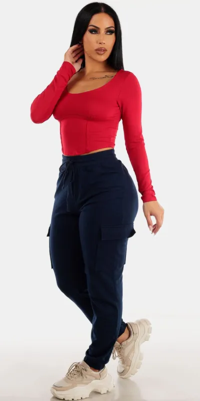 Navy High Drawstring Waist Cargo Jogger Pants with Red Long Sleeve Corset Style Crop Top sold by Moda