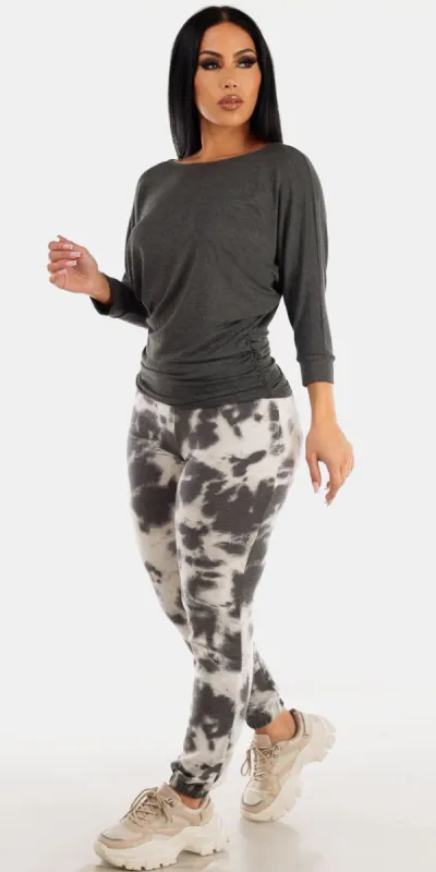 High Waisted Tie Dye Jogger Pants with Dolman Sleeve Ruched Sides Charcoal Top sold by Moda