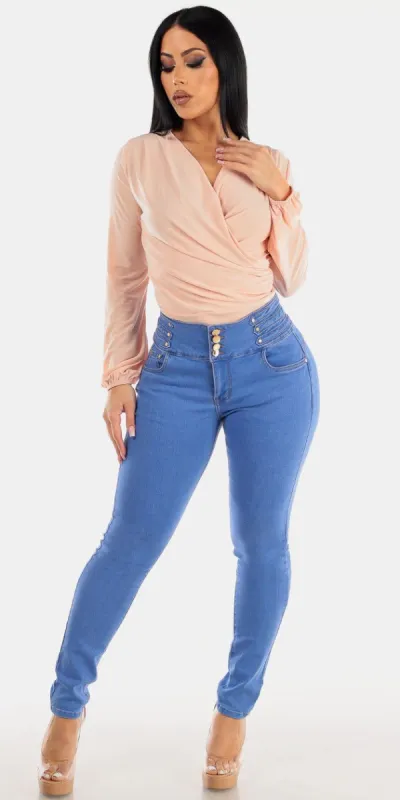 Super High Waisted Levantacola Blue Skinny Jeans with Blush Surplice Long Sleeve Dressy Blouse sold by Moda