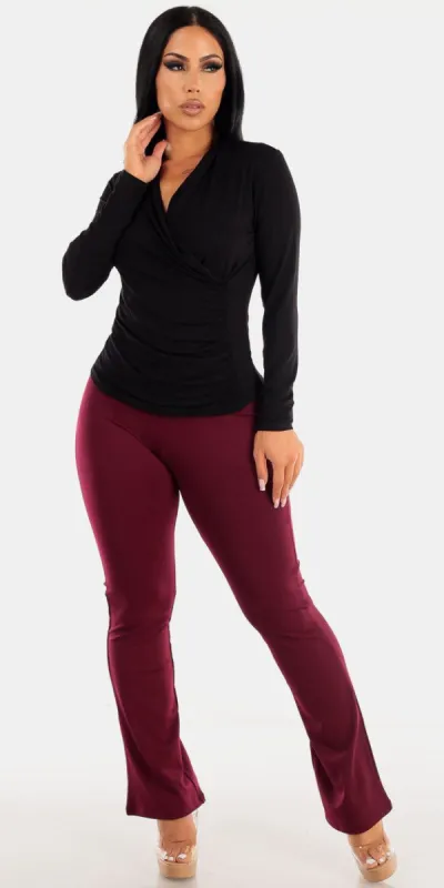 High Rise Burgundy Flared Dress Pants with Black Long Sleeve Surplice Blouse sold by Moda
