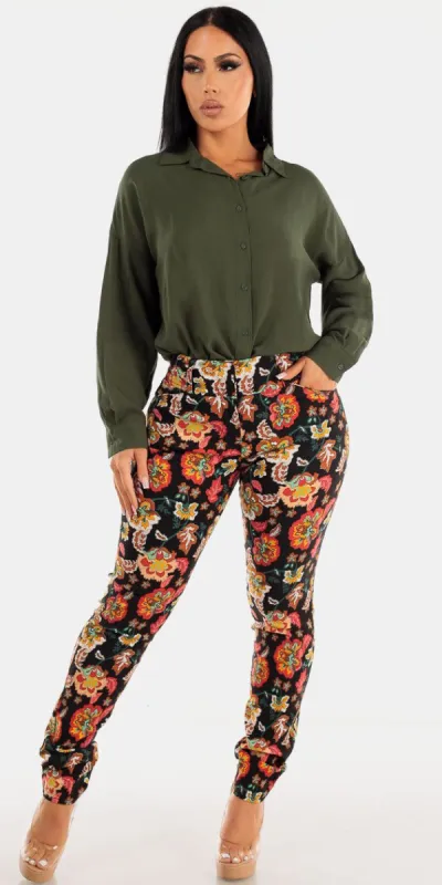 High Waisted Black Floral Dressy Skinny Pants with Oversized Long Sleeve Button Up Green Shirt sold by Moda