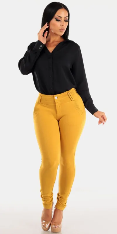 High Rise Yellow Dressy Skinny Pants with Long Sleeve Button Down Black Shirt sold by Moda