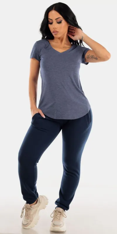 Navy High Waist Fleece Jogger Sweatpants with Navy Short Sleeve Vneck Top made by Moda