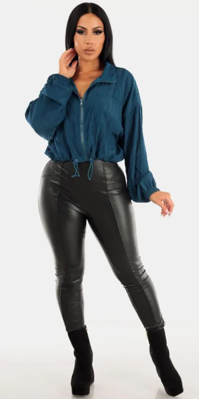 Black Vegan Leather Skinny Pants with Teal Long Sleeve Zip Up Cropped Jacket sold by Moda