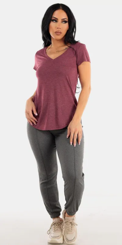 High Waist Charcoal Jogger Pants with Vneck Short Sleeve Burgundy Top sold by Moda