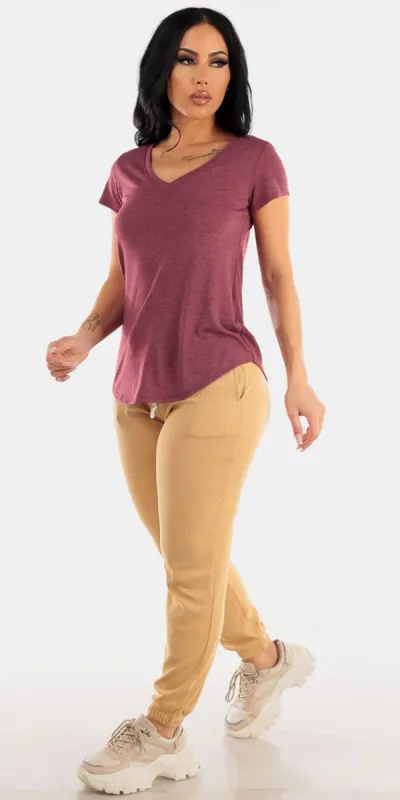 High Waist Taupe Jogger Pants with Short Sleeve Vneck Burgundy Top sold by Moda