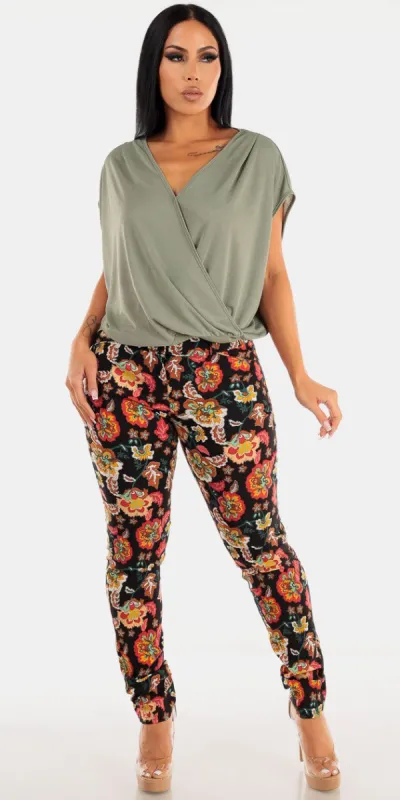 High Waisted Multicolor Floral Dressy Skinny Pants with Sage Short Sleeve Surplice Top sold by Moda