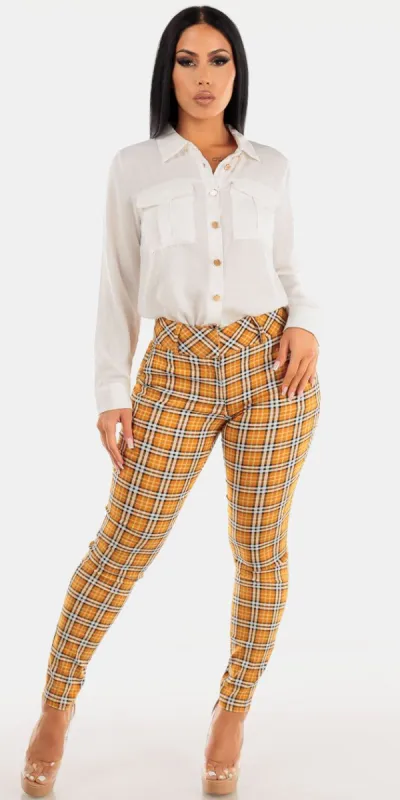 Yellow High Waisted Plaid Dressy Skinny Pants with White Long Sleeve Button Up Collared Blouse sold by Moda