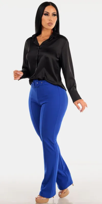 Blue High Rise Belted Straight Leg Dress pants with Black Long Sleeve Button Up Satin Shirt sold by Moda