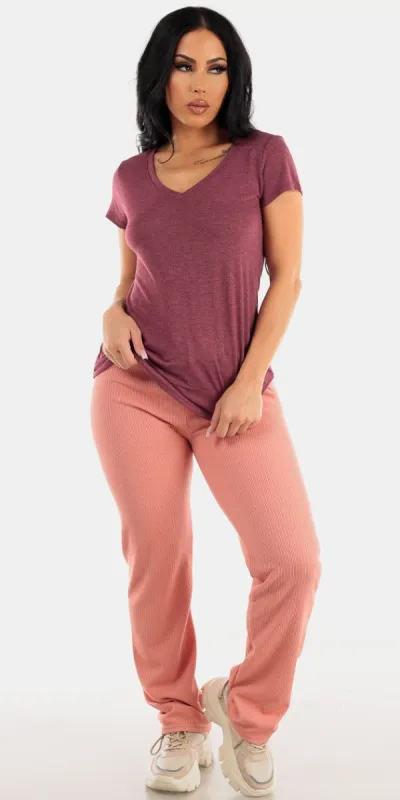 Pink High Rise Straight Leg Pants with Burgundy Short Sleeve Vneck Top sold by Moda
