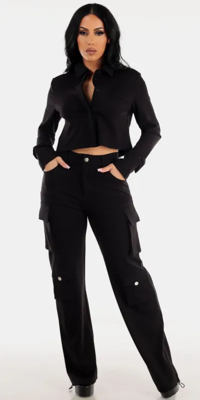 High Waist Black Wide Leg Cargo Pants with Long Sleeve Black Cropped Button Up Shirt sold by Moda