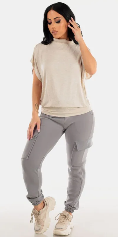 High Waisted Grey Cargo Joggers with High Neck Draped Short Sleeve Beige Top sold by Moda
