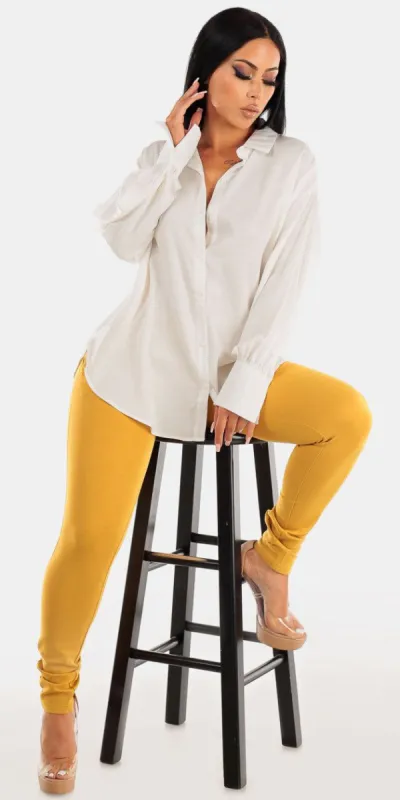 High Rise Mustard Dressy Skinny Pants with White Button Up Satin Collared Blouse sold by Moda