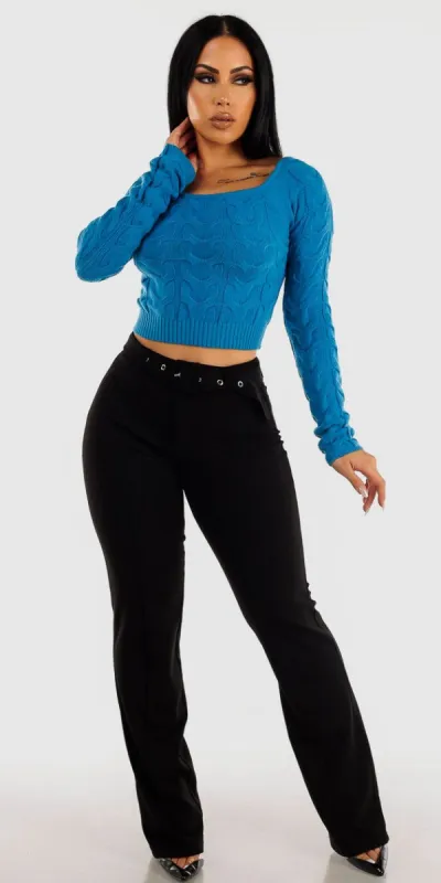 Black Straight Leg Dressy Pants with Blue Long Sleeve Knitted Sweater sold by Moda