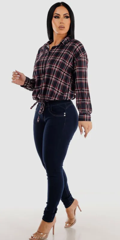 Dark Blue Levantacola Skinny Jeans with Navy Drawstring Waist Button Up Plaid Shirt sold by Moda