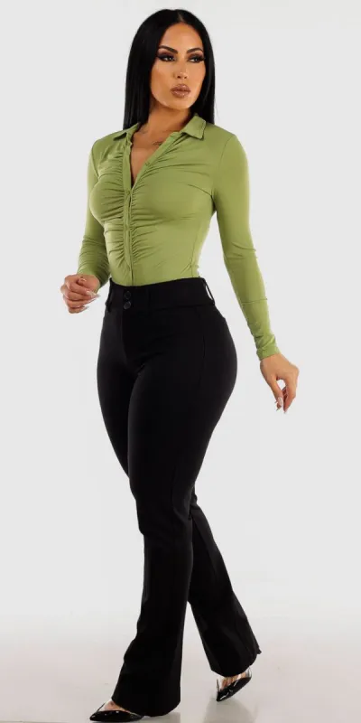 Black High Rise Bootcut Dress Pants with Ruched Button Up Light Green Collared Bodysuit sold by Moda