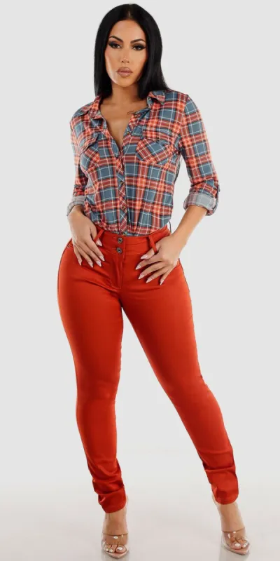Butt Lifting Orange Faux Leather Skinny Jeans with Orange Long Sleeve Button Up Plaid Shirt sold by Moda
